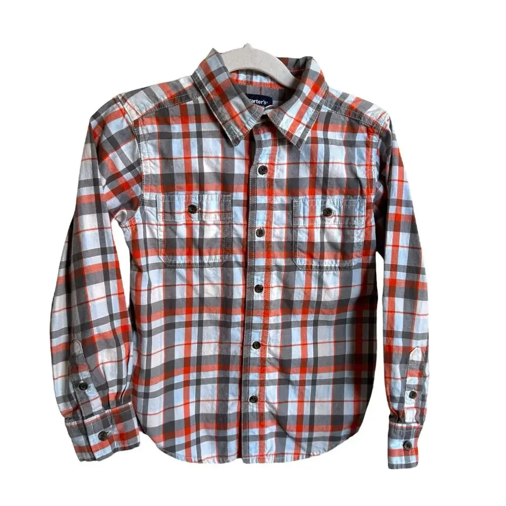 Carter's Boys Shirt Sz 5 Blue‎ Gray White Red Long Sleeve Plaid Buttons Flannel